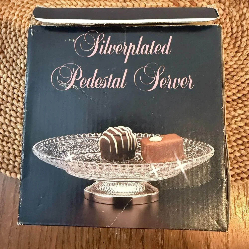Vintage Silverplated Pedestal Server Glass Dessert Candy Stand w/ Box